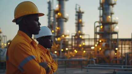 Two African male engineers in reflective safety vests and hardhats at an industrial facility with illuminated structures at dusk, leaving space for text on the right