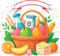 Basket with fruit, milk and cheese. Postcard with the Jewish holiday Shavuot. With space for an inscription