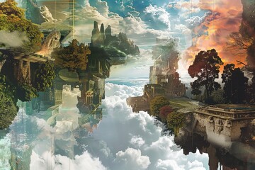 A painting depicting a majestic castle perched high in the clouds, surrounded by a mystical and dreamlike atmosphere. Generative AI