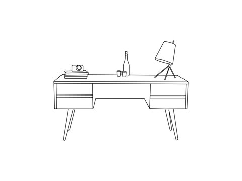 A simple retro study table outlines a black vector. Desk, book, table lamp, rectangular frame. Interior and furniture outline.