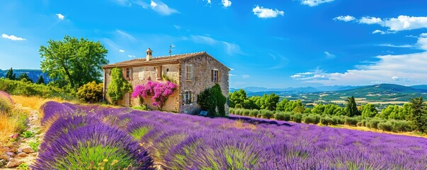 Valensole, Provence. Picturesque lavender fields with rows of purple blooms