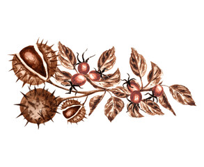 Vintage chestnuts branch with rosehip. Template print of autumn chestnut round spiky fruits and leaves. Hand drawn watercolor illustration. Isolated retro composition for scrapbooking, card, sticker.