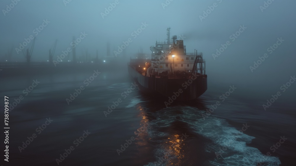 Poster mysterious cargo ship emerging from the fog at dusk, creating a moody and atmospheric maritime scene