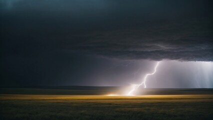 Naklejka na ściany i meble Lightning Storm on an empty field with dark clouds