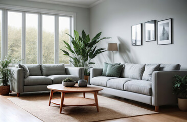 Fototapeta premium Interior of living room with green houseplants. Sofas, wooden coffee table, furniture. Scandinavian nordic minimalist style. Neutral Gray walls, big panoramic windows. Cozy apartment. Boho home decor