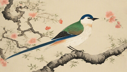 Birds Sitting on Tree Branches, Asian Traditional Style Illustrations. generative AI