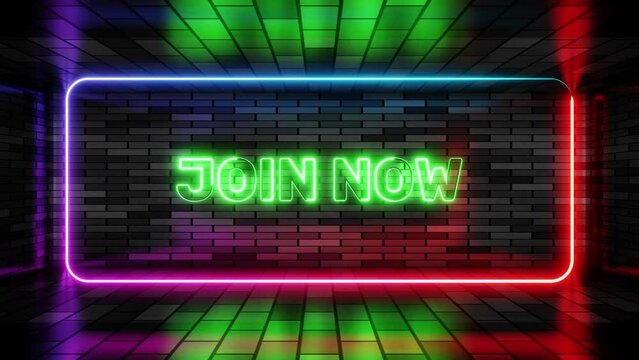 Neon sign join now in speech bubble frame on brick wall background 3d render. Light banner on the wall background. Join now loop online registration, design template, night neon signboard