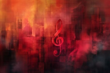 a smoke style illustration of a musical note rising from a smoky, minimalistic Cubist cityscape. - obrazy, fototapety, plakaty
