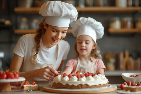 Mother and child, wearing aprons and chef hats, happily bake cookies together in the kitchen, surrounded by ingredients and utensils, creating a warm family moment filled with joy and laughter.child e