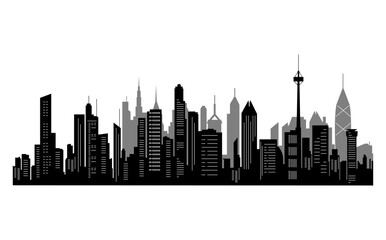 Fototapeta na wymiar Black cities silhouette collection. Horizontal skyline set in flat style isolated on white. Cityscape with windows, urban panorama of night town.