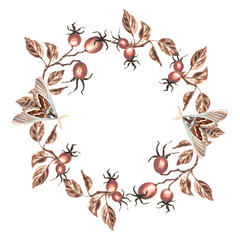 Round frame from rosehip fruits with leaves and moths. Hand drawn watercolor illustration. Template from autumn foliage with copy space. Isolated illustration for invitation, card, textile, embroidery