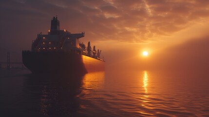 Fototapeta premium Cargo ship at sea during a golden sunset with ample copy space for text, ideal for concepts related to industry, transport, or environmental impact