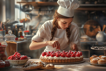 Female chef prepares delicious desserts In the bakery kitchen - obrazy, fototapety, plakaty