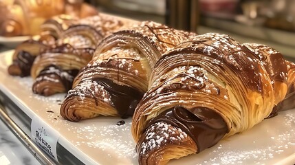 French pain au chocolat flaky croissant pastry filled with chocolate, served warm from the bakery - obrazy, fototapety, plakaty