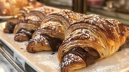 Badkamer foto achterwand French pain au chocolat flaky croissant pastry filled with chocolate, served warm from the bakery © Food Cart
