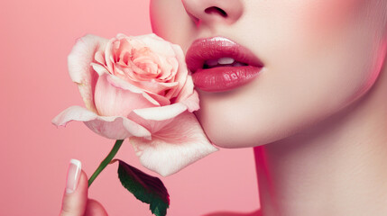 Close-Up of a Woman's Lips with a Pink Rose