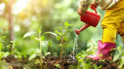 Child Watering Young Plant in the Garden - obrazy, fototapety, plakaty