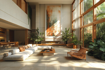 Corridor inside hotel or house. Modern style with empty hallway and glass windows in city cityscape.