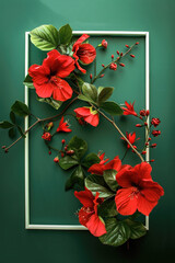 Elegant Red Flowers Emerging from a White Frame on a Textured Green Background