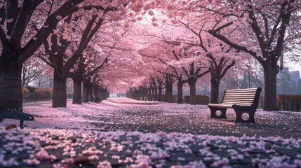 Serene Park Bench Under a Canopy of Pink Cherry Blossoms