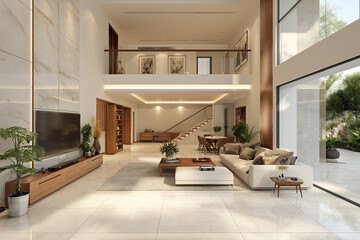 Corridor inside hotel or house. Modern style with empty hallway and glass windows in city cityscape.