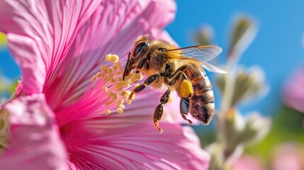 Macro Delight: Honeybee Pollinating a Vivid Pink Flower