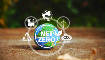 Explore a small world globe symbolizing CO2 reduction and net zero emissions by 2050. Embrace the...