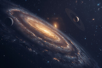 A spiral galaxy and a planet with rings in the deep space.