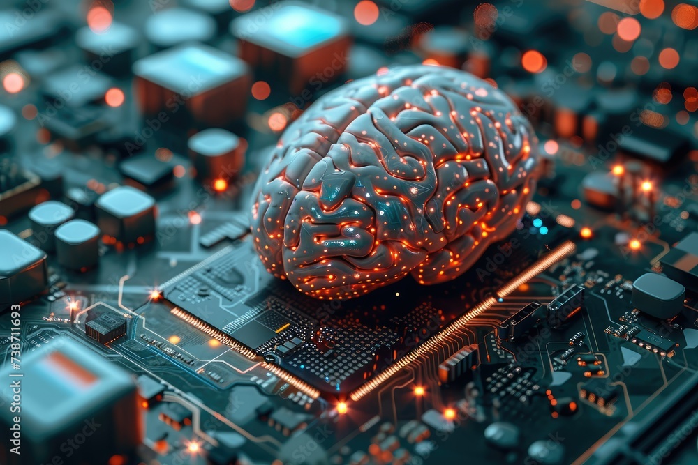 Aufkleber a futuristic electronic brain, pulsing with artificial intelligence, sits atop a sleek motherboard. 