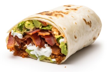 Brisk Bacon Burrito , white background, fast food.