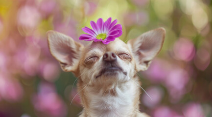 Fototapeta na wymiar Adorable Chihuahua Enjoying Spring with Flower Crown, Cute Pet Photography