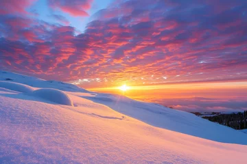 Fotobehang The Beautiful Winter Sunset Spread Across the Sky. The Warmth and Beauty of Winter Through the Orange and Pink Hues of the Sunset Reflected in the Snowy Landscape. © cwa