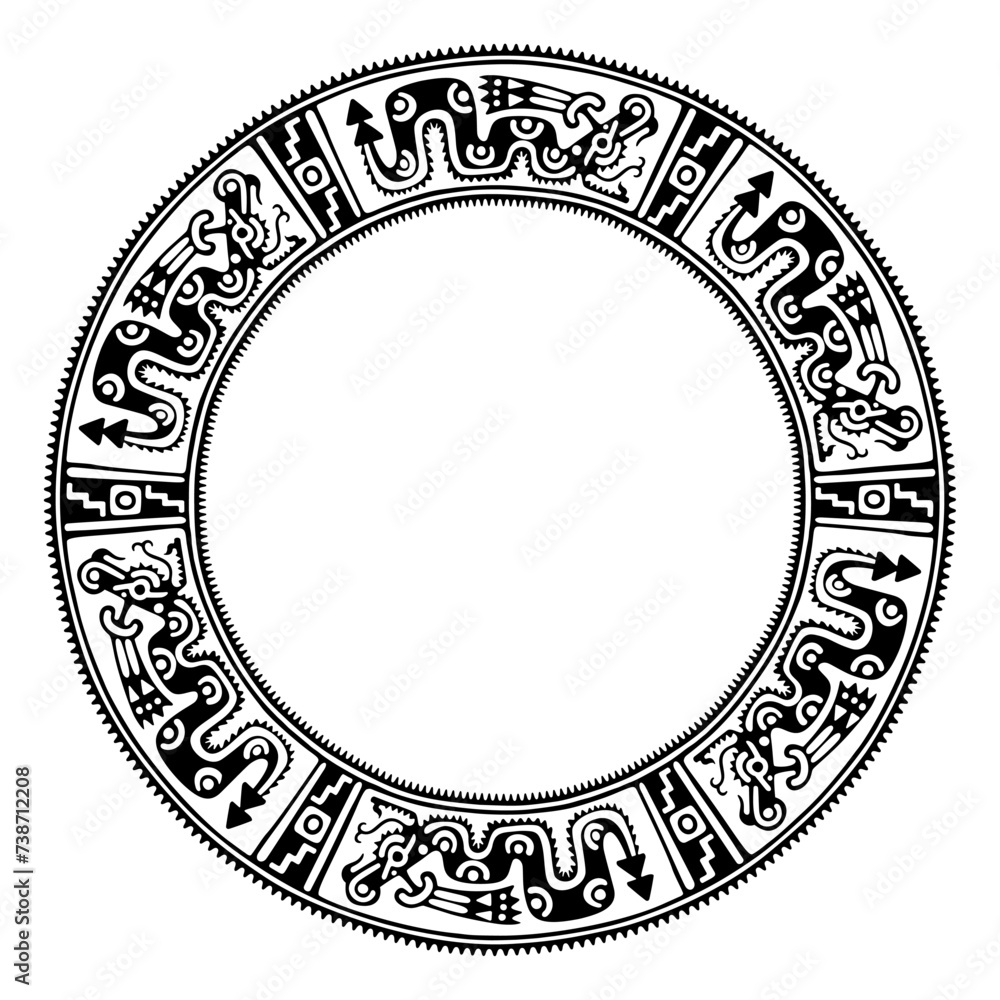 Poster circle frame with aztec serpent pattern. border made with a motif similar to a cylindrical clay stam