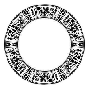 Circle frame with Aztec serpent pattern. Border made with a motif similar to a cylindrical clay stamp of ancient Mexico, found in Veracruz. Coatl, the snake, is the fifth day sign in Aztec calendar.