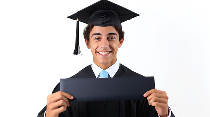 Isolated on a crisp white background, a happy student wears a graduation cap and diploma.