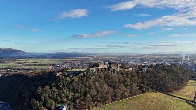 Aerial footage of the historical Stirling Castle overlooking in Stirling city, Scotland, UK