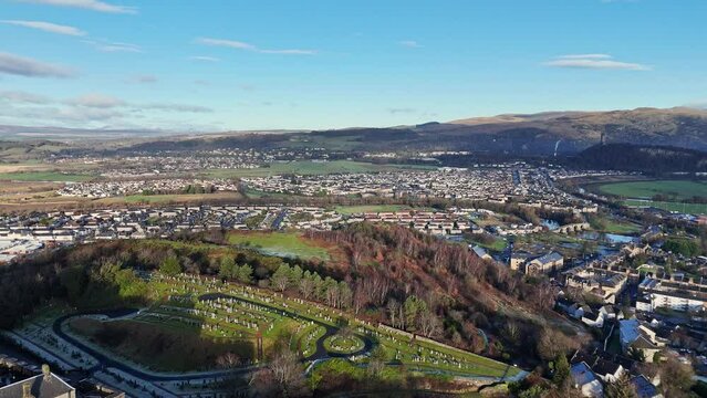 Aerial view of Ballengeich Cemetery by Stirling Castle on a sunny day in Stirling city, Scotland, UK