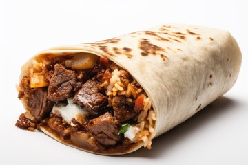 Brisket Breakfast Burrito , white background, fast food.