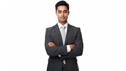 An isolated image of an Indian businessman holding crossed hands against a stark white background