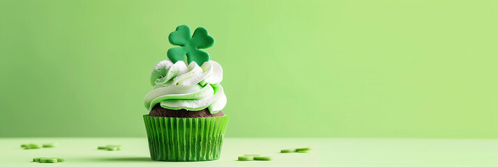 St. Patrick's Day cupcake adorned with shamrock topper.Copy space. - St Patrick's day concept