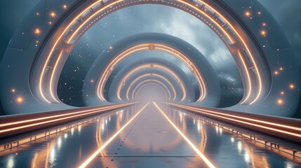 A high tech bridge, futuristic, no cars, evening scene. Generative AI.