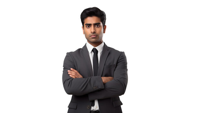 An isolated image of an Indian businessman holding crossed hands against a stark white background