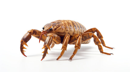 An isolated male scorpion against a stark white background