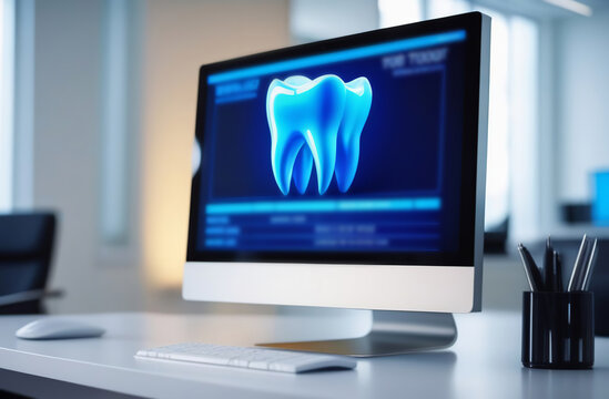 Computer screen with neon blue digital print of tooth. Close up PC monitor showing dental image. Laptop display at dental clinic, medical center standing on office desk. High-Tech dentistry concept