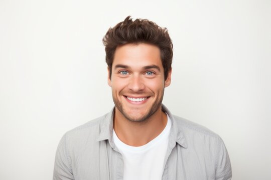 Portrait of a handsome young man smiling at the camera while standing against white background