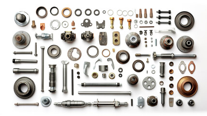 Antique auto spare parts in their entirety, arranged for repair, isolated on a blank white background - obrazy, fototapety, plakaty