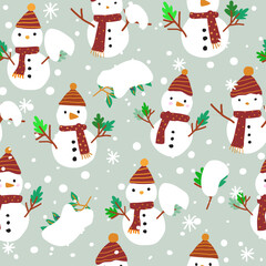 Seamless snow pattern with a snowman, red dress, leaves, branches and snow on a green background, used for children's clothing. wallpapers and prints