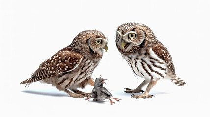 Owls capture prey, a tiny lizard, isolated against a stark white background.
