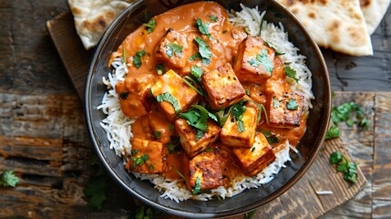 Indian paneer tikka masala creamy tomato-based curry with grilled paneer cheese, served with rice or naan bread - obrazy, fototapety, plakaty