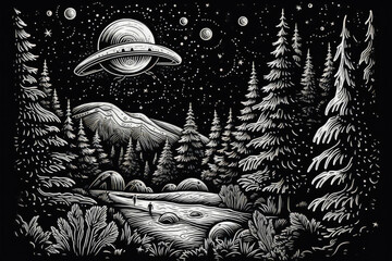 Detailed black and white drawing depicting an alien stepping off a UFO in a dark, alien landscape reminiscent of a forest